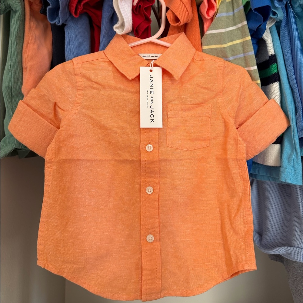 Janie and Jack NWT 12m 18m Orange linen cotton short sleeve Shirt boy toddler